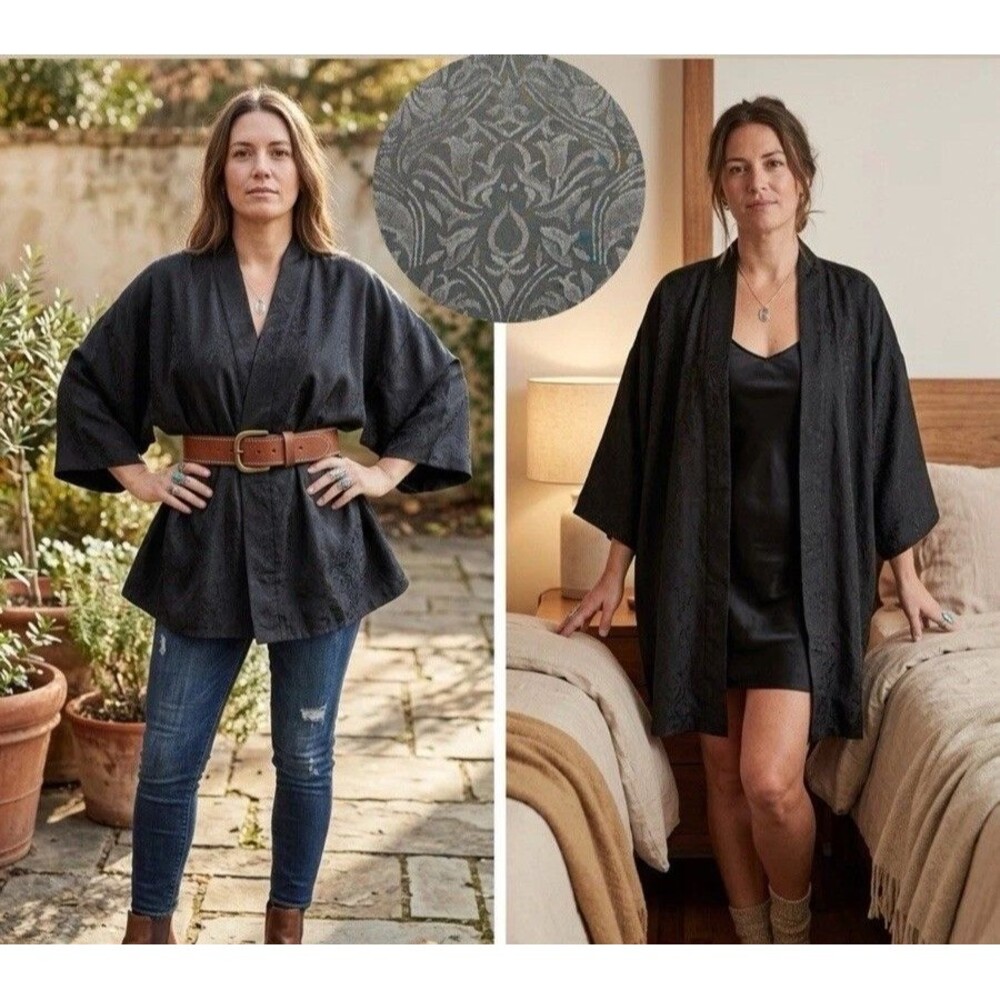 Vintage Delicates Black Paisley Jacquard Kimono Robe Boho One Size Open Front
